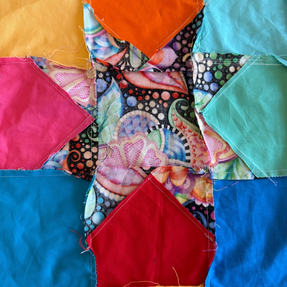 Handmade Rainbow Patchwork Quilt Top Psychedelic Star Applique 41x50 Black Trim - Picture 6 of 8